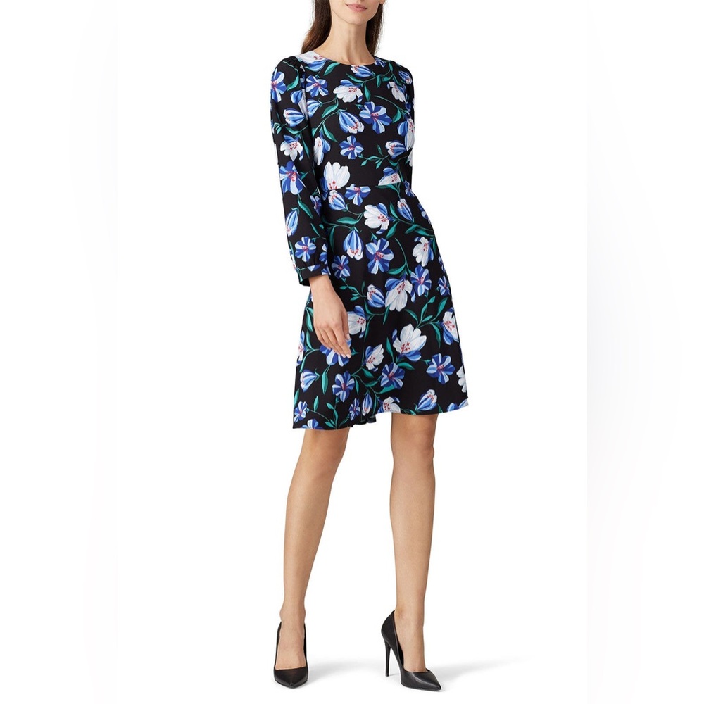 Draper James Black and Blue Floral Long Sleeve Dress - Size 10